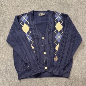 E Land Sweater Cardigan Men's Large 100% Cotton Knitted Button Up Blue Patterned